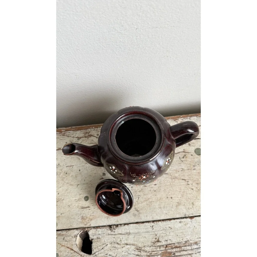 Vintage Japanese Brown Moriage Floral Teapot Hand Painted Made in Japan